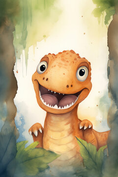 T-rex dinosaur watercolor background. Cute adorable T-rex card