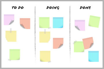 Scrum board with colorful sticky notes to be used by agile software development teams for planning. Categories To do, Doing and Done.