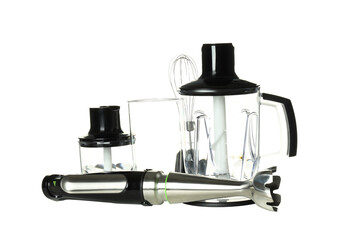 PNG, Black blender and set of attachments, isolated on white background