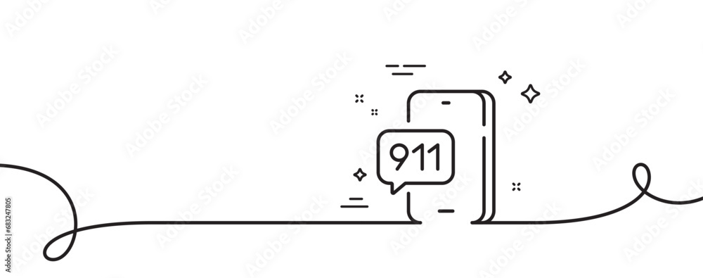 Poster emergency call line icon. continuous one line with curl. 911 telephone number sign. medicine help sy