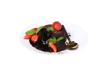 PNG, Chocolate fondant with strawberries on plate, isolated on white background