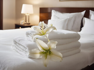 White towels with white lily in a hotel bedroom in Sunny Beach, Bulgaria. Generative Ai