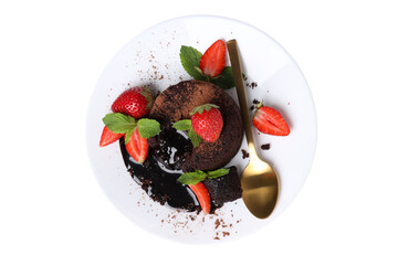 PNG, Chocolate fondant with strawberries and spoon on plate, isolated on white background, top view