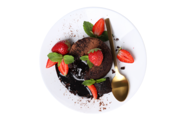 PNG, Chocolate fondant with strawberries and spoon on plate, isolated on white background, top view