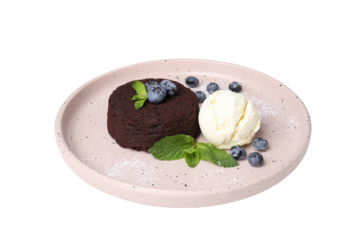 PNG, Chocolate fondant and ice cream on plate, isolated on white background
