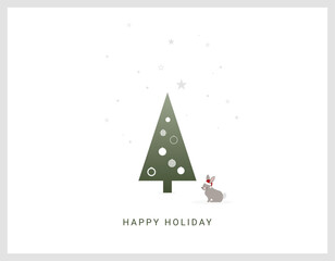 Winter card: snow bunny with christmas hat in front of a Christmas tree, happy holiday, holiday magic