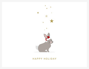 Joyful Winter Bunny: Cute Rabbit with Festive Christmas Hat, Vector Illustration