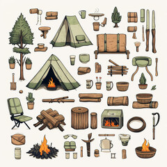 Large set of Camping equipment. Items for summer camping, trekking. Travel supplies icons for outdoor base camp. Backpack, campfire, tent, pointers, bowler hat. Isolated flat - obrazy, fototapety, plakaty
