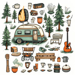 Large set of Camping equipment. Items for summer camping, trekking. Travel supplies icons for outdoor base camp. Backpack, campfire, tent, pointers, bowler hat. Isolated flat