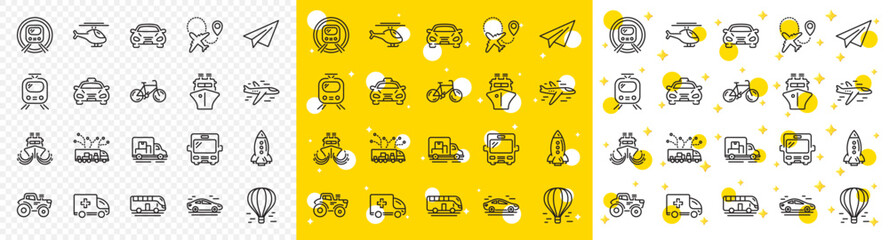 Taxi, Helicopter and subway train icons. Transport line icons. Truck car, Tram and Air balloon transport. Bike, Airport airplane and Ship, subway. Travel bus, ambulance car, paper airplane. Vector - obrazy, fototapety, plakaty
