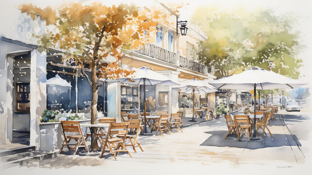 light watercolor, outside of a coffeeshop, bright, white background, few details and dreamy