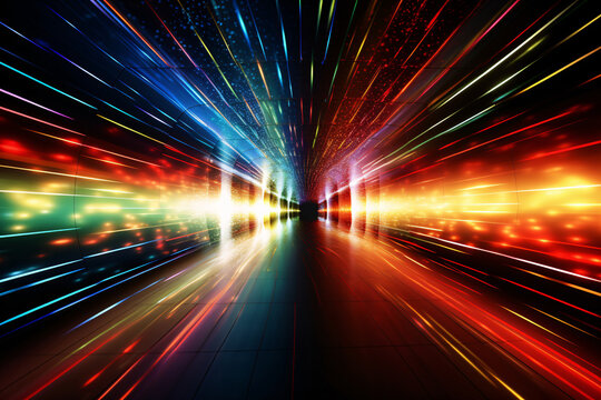 Time and space tunnel blur motion, color tunnel passage space illustration constructed with glowing neon light lines