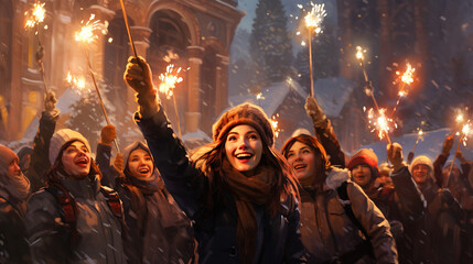 Obraz premium many people holding sparklers in winter park, christmas and new year theme celebrating