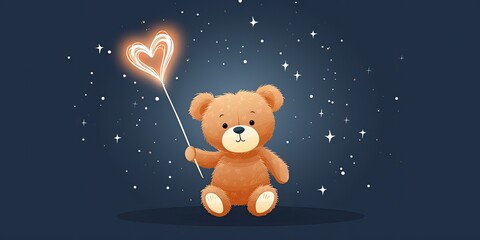 teddy bear with a sparkler in the shape of a heart, starry night background, banner, copy space