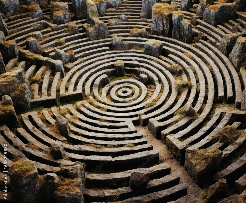Poster a maze in the middle of a stone circle. generative ai.