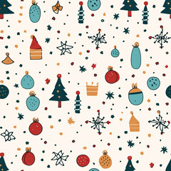 Christmas Seamless pattern with cute Santa Claus and reindeers. Christmas ornament with candy cane, holly leaves, cookies, toys, ho ho ho lettering. Holiday background, wrapping paper in cartoon style