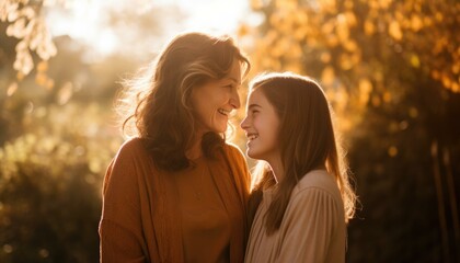 Fototapeta premium Two women enjoying the sunny outdoors with joyful smiles. Generative AI.