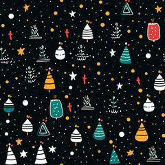 Christmas Seamless pattern with cute Santa Claus and reindeers. Christmas ornament with candy cane, holly leaves, cookies, toys, ho ho ho lettering. Holiday background, wrapping paper in cartoon style - obrazy, fototapety, plakaty