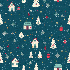 Christmas Seamless pattern with cute Santa Claus and reindeers. Christmas ornament with candy cane, holly leaves, cookies, toys, ho ho ho lettering. Holiday background, wrapping paper in cartoon style