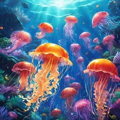 AI generated illustration of A vibrant underwater scene featuring a variety of colorful jellyfish - obrazy, fototapety, plakaty
