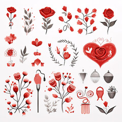 valentine icon cliparts with cute heart and valentine element simple Holiday background, wrapping paper in cartoon style