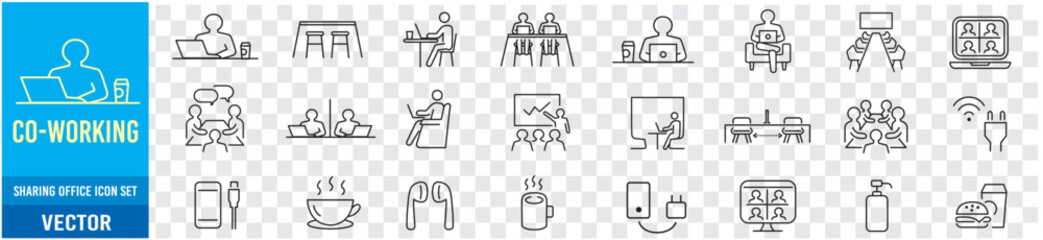 Co-working space line icon set. Included icons as coworkers, coworking, sharing office, business, company, work and more. - obrazy, fototapety, plakaty