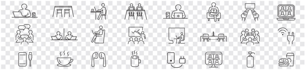 Co-working space line icon set. Included icons as coworkers, coworking, sharing office, business, company, work and more.