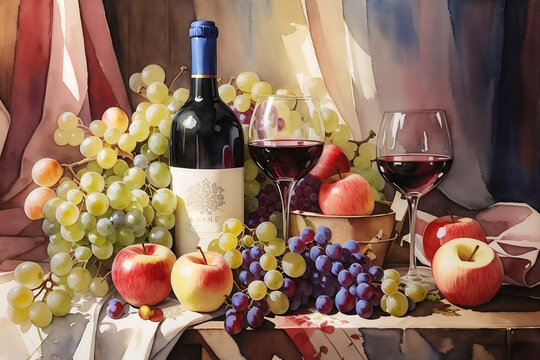 Watercolor artwork of a wine bottle and two wine glasses, with grapes and apples on a table.