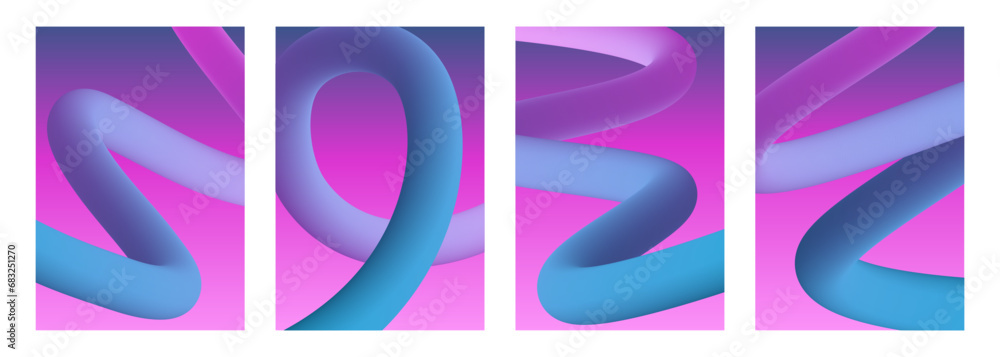 Poster Dynamic smooth curved shapes. Set of abstract backgrounds with soft color gradient 3d curved lines for creative graphic design. Vector illustration.