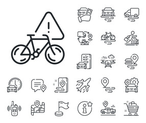 City bicycle transport sign. Plane, supply chain and place location outline icons. Bike attention line icon. Velocipede warning symbol. Bike attention line sign. Vector