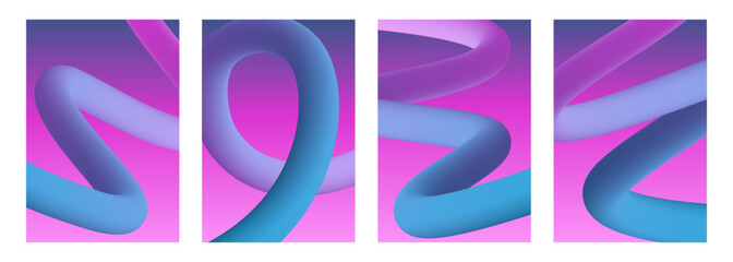 Dynamic smooth curved shapes. Set of abstract backgrounds with soft color gradient 3d curved lines for creative graphic design. Vector illustration.