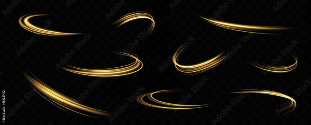 Aufkleber Golden glowing swirl. The effect of moving at the speed of light. Easy trail. Shiny wavy path. Vector.Neon light.	