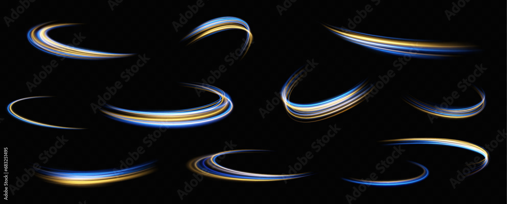 Aufkleber Golden glowing swirl. The effect of moving at the speed of light. Easy trail. Shiny wavy path. Vector.Neon light.	