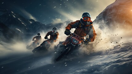 extreme sports enthusiasts on motorcycles ride along a snow-covered mountain road in a snowstorm, banner, - obrazy, fototapety, plakaty