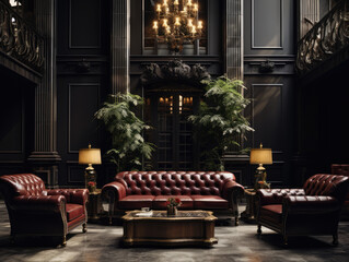modern Luxury lobby interior, dark. leather sofa