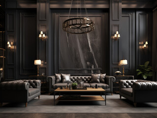 modern Luxury lobby interior, dark. black leather sofa