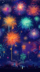 festive fireworks against the backdrop of the city, banner, copy spase, vertical
