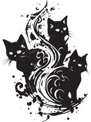 Grunge Feline Ink: Vector Cats Tattoo with Ornaments