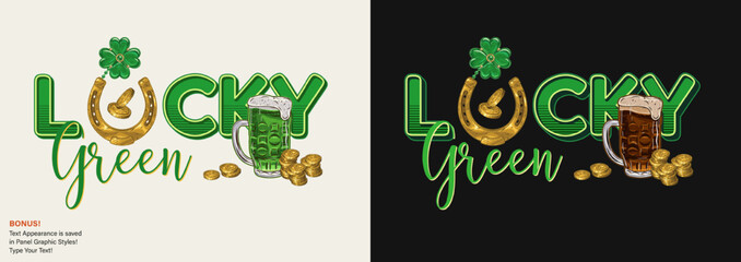 Horizontal St Patricks Day text label with golden coins, horseshoe, glass of beer, text Lucky Green. For prints, clothing, t shirt design Text editable graphic style included - obrazy, fototapety, plakaty