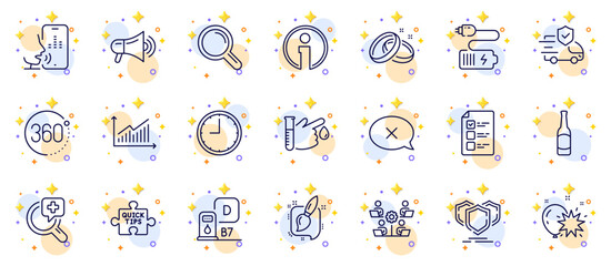 Outline set of Balloon dart, Shields and Research line icons for web app. Include Battery, 360 degrees, Diesel station pictogram icons. Info, Graph, Medical analyzes signs. Voicemail, TimeBeer. Vector