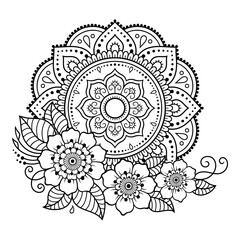 Circular pattern in form of mandala with Lotus flower for Henna, Mehndi, tattoo, decoration. Decorative ornament in ethnic oriental style. Outline doodle hand draw vector illustration.