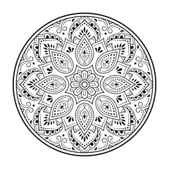 Circular pattern in form of mandala with flower for Henna, Mehndi, tattoo, decoration. Decorative ornament in ethnic oriental style. Outline doodle hand draw vector illustration.