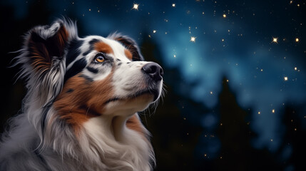 Portrait of an australian shepherd dog on an illustrative night forest background