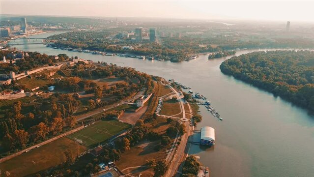 Aerial view of Belgrade rivers and cityscape, Serbia.	
