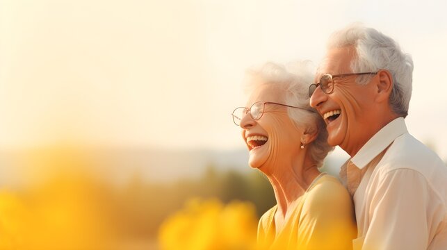 Portrait of a white elderly couple laughing loudly against pastel light yellow background with space for text, AI generated, background image