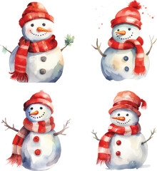 Watercolor illustration of a Christmas snowman in a red hat and scarf, New Year, winter holidays, holiday design, print, vector