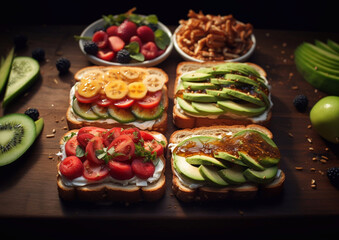 Healthy sandwiches with organic avocado and strawberry with cream and tomato on table.Macro.AI Generative.