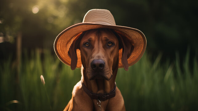 A rhodesian ridgeback dog sitting in a garden and wearing a brown hat