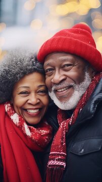 Portrait Of A Happy Black Elderly Couple Against A Winter Background With Space For Text, AI Generated, Background Image