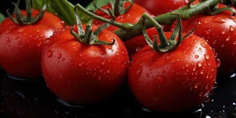 Ripe Tomatoes with Fresh Water Droplets on Vine - Close-Up Gourmet Ingredient Display